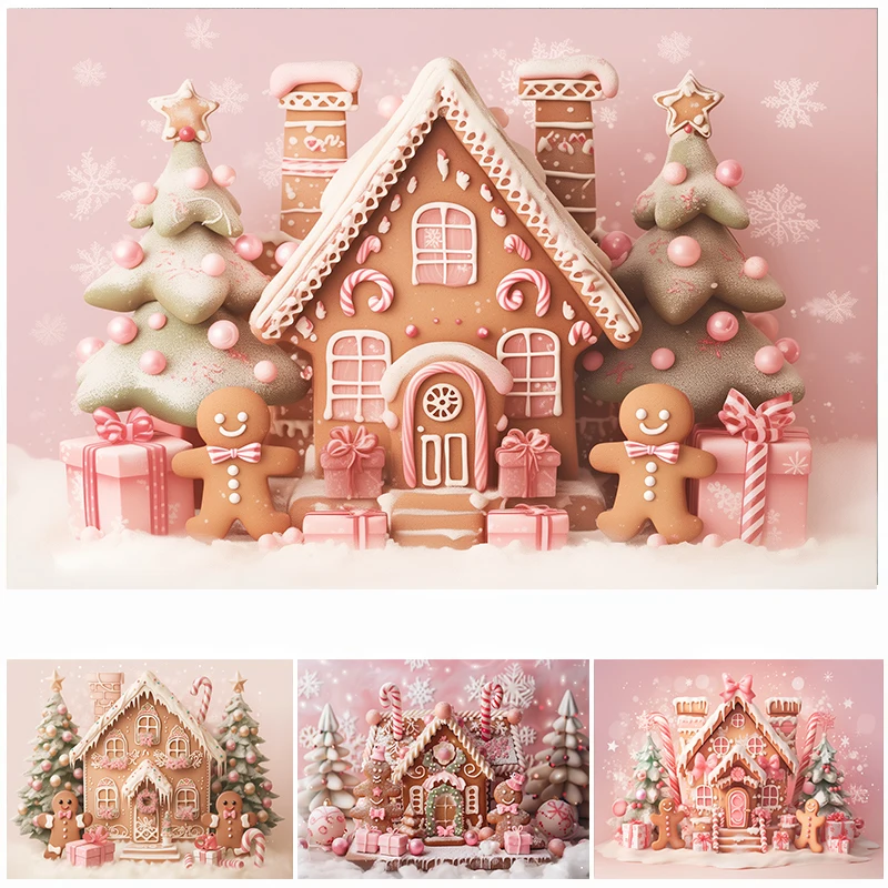 

LS Pink Peppermint Gingerbread House Backdrops Kids Adult Photogrpahy Child Baby Photo Props Winter Christmas Background