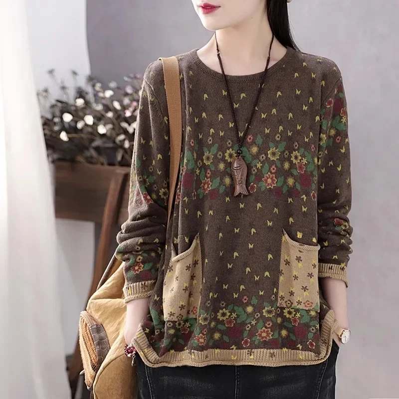 

Spring Autumn Vintage Style Patchwork Printed Knitting Pullovers Casual Loose Round Neck Soft Fashion Sweater For Women Z238