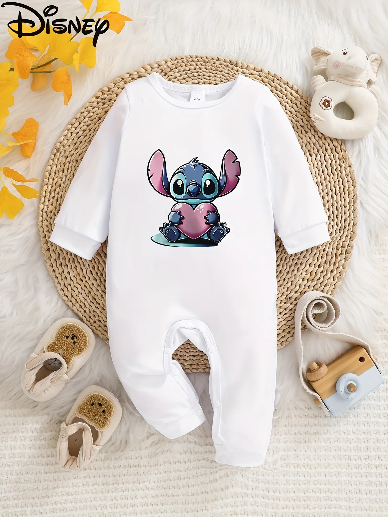 

【Authorized】Disney Stitch Baby Long-Sleeve Romper, Cute Pattern Print, Round Neck, Soft and Comfortable, Machine Washable, Suitable for All Seasons, Perfect for Outdoor Wear, a Must-Have for Disney Fans, Perfect Gift for Babies