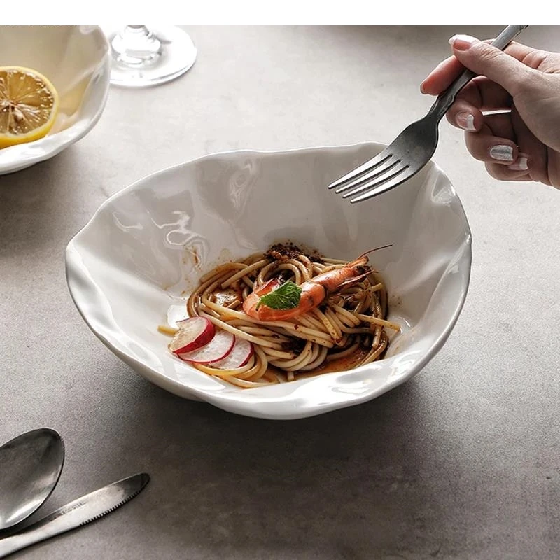 Pure White Irregular Ceramic Wrinkled Bowl Restaurant Salad Soup Pasta Bowls Molecular Food Specialty Tableware