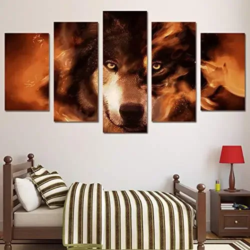 Ultra clear canvas poster home decoration living room, a burning wolf canvas wall art poster, 5 sets of decorative paintings