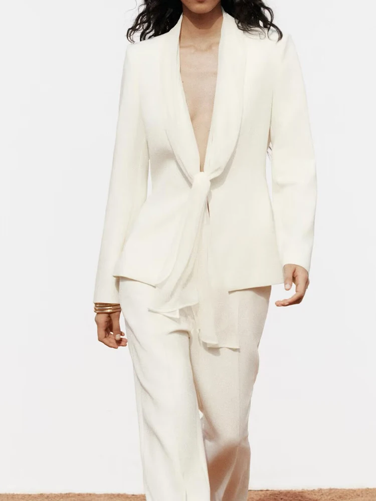 

Spring New Arrivals Women's Wear Temperament Thin Scarf Textured Lapel Long Sleeve Suit Jacket Straight Pants Suit