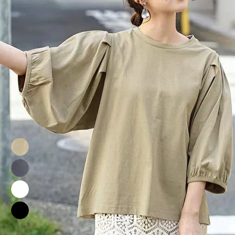 

2024 Early Autumn Japanese Style Women's Classic Solid Color Simple And Versatile Casual Fit Seven Quarter Sleeve T Sleeve