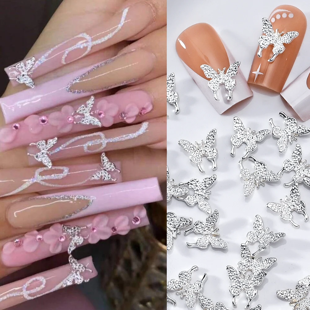 50Pcs 3D 실버 나비 네일 아트 매력 반짝이 다이아몬드 날개 나비 라인 석 DIY 럭셔리 매니큐어 장식 용품