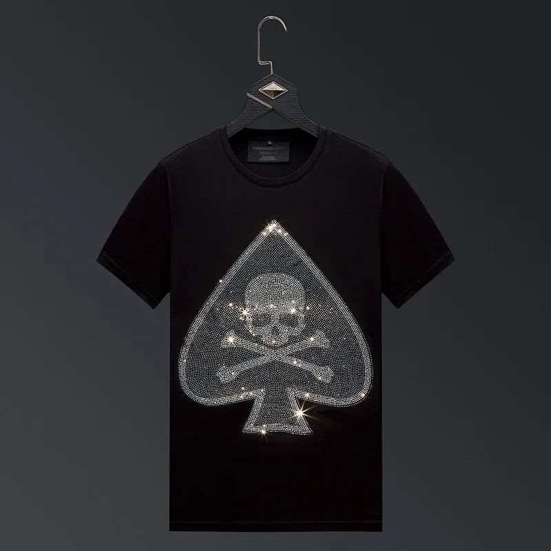 

2024 Bright Rhinestones Spade Skull T Shirts Men Short Sleeve Fashion Clothing Streetwear O Neck Modal Cotton Calaveras Camiseta