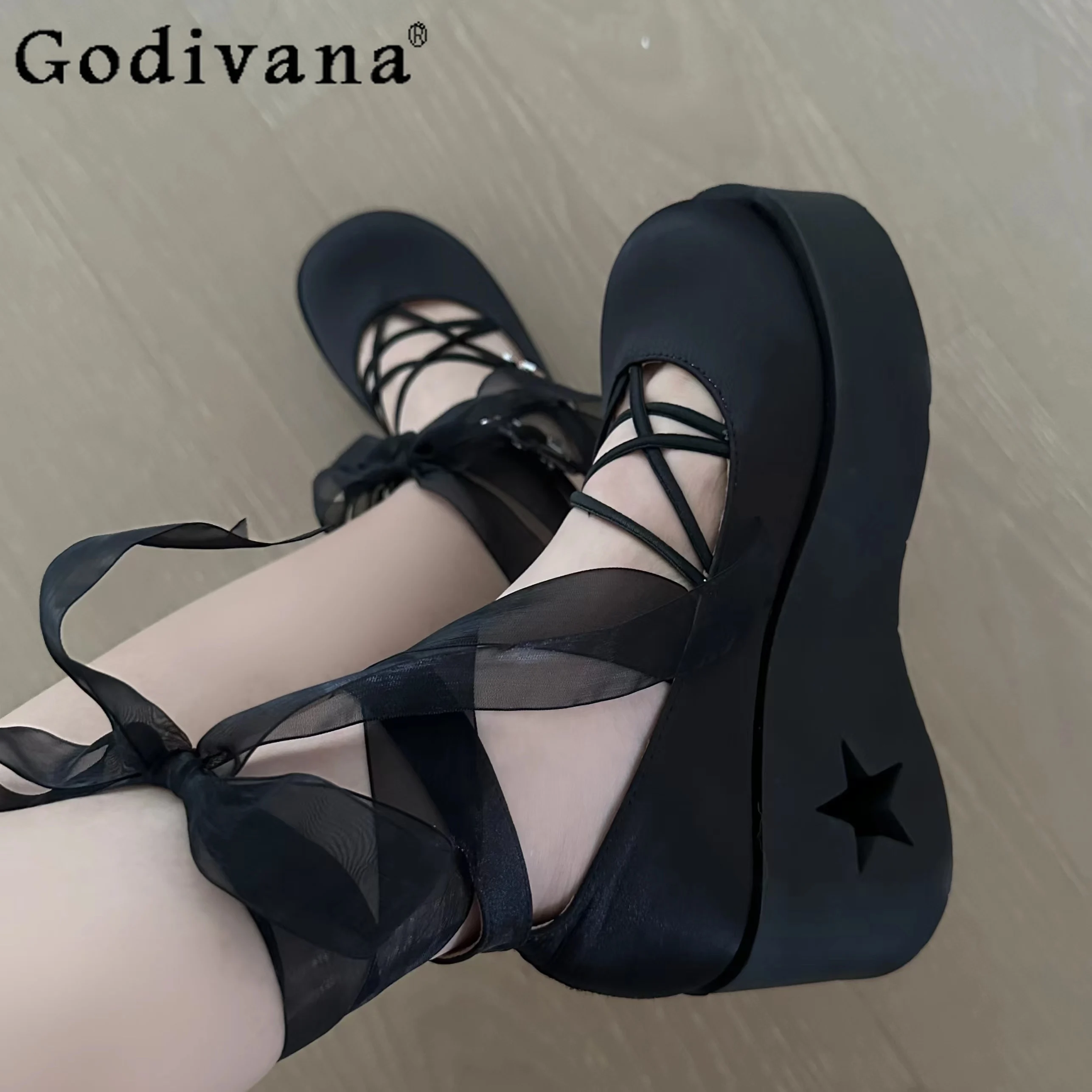 

Lolita Shoes Muffin Hollow Stars High Heels Ribbon Tied Feet Solid Color Gothic Platform Shoes Thick Bottom Girl Leather Shoes