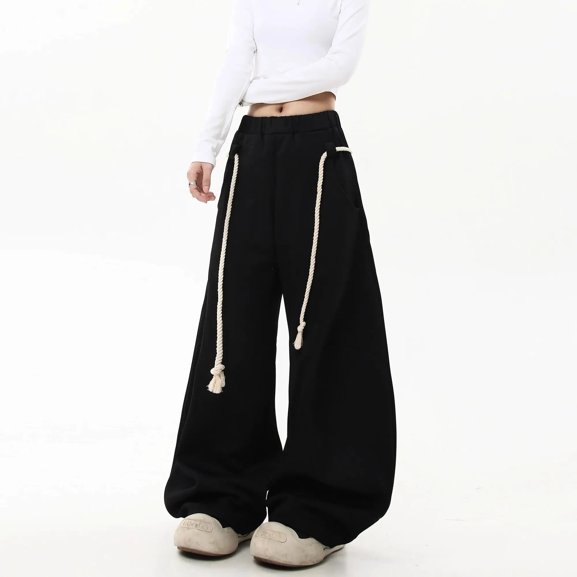 Gray Casual Pants for Women 2025 Autumn New Thick Rope Personalized Wide-leg Pants Loose Wide-leg Sweatpants