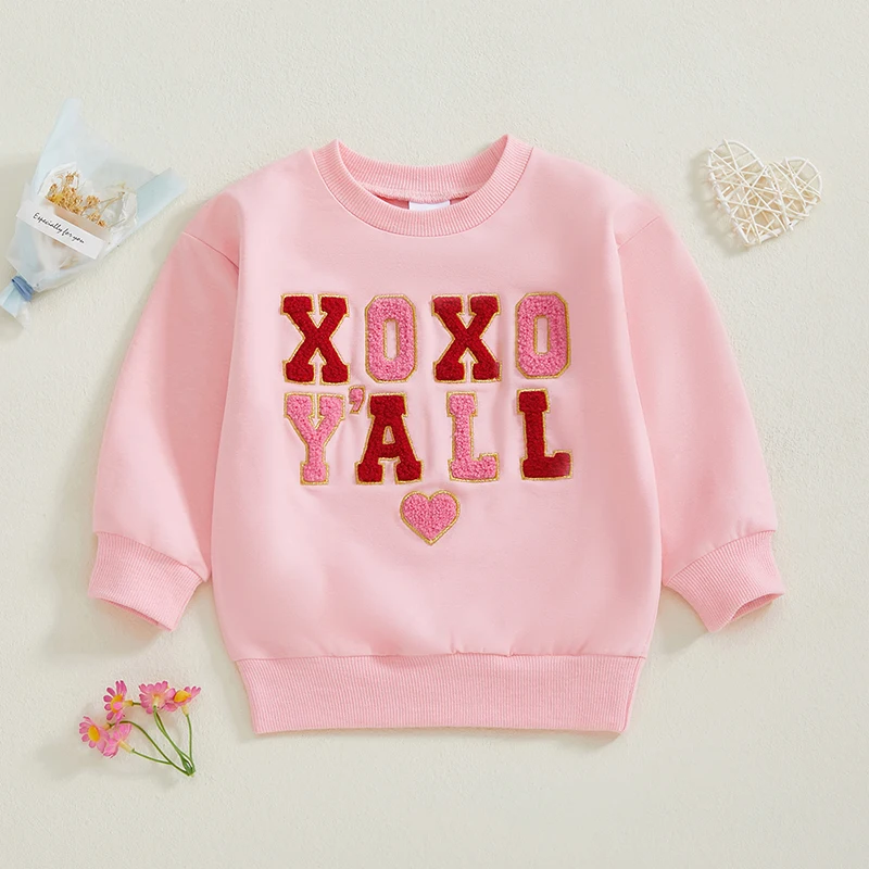 Girls Long Sleeve Crew Neck Sweatshirt with Embroidered Heart Detail Cozy Pullover Hoodie for Valentine s Day Celebration