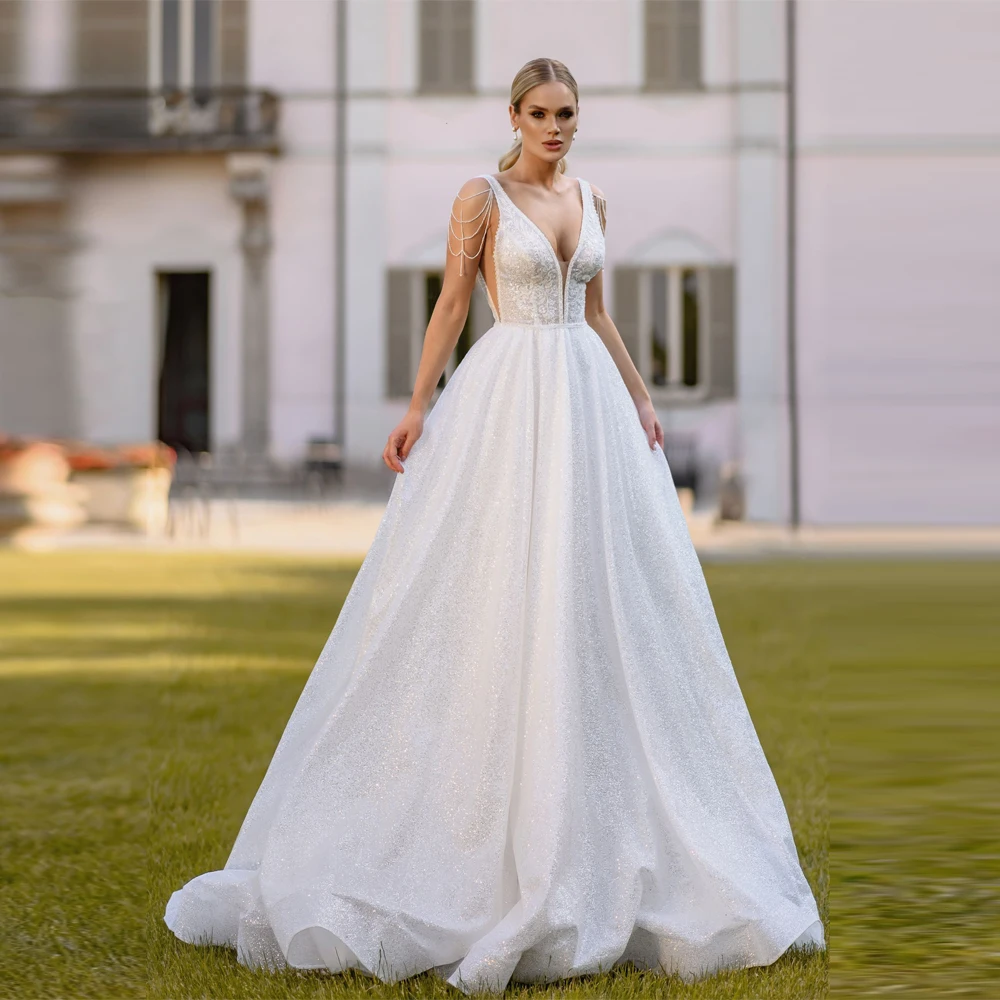 

Sexy Deep-V A-Line Women Wedding Dresses Customized Elegant Lace Printing Sleeveless Tulle Bride Gowns Embellishments Robe 2025