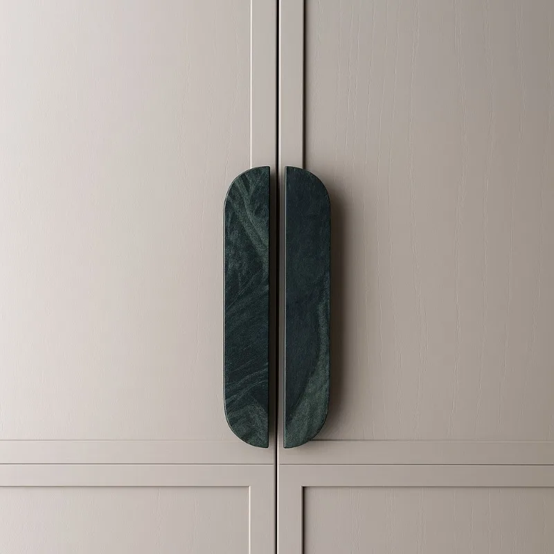 Green marble cabinet handle curved to rounded edge stone door pull vertical split