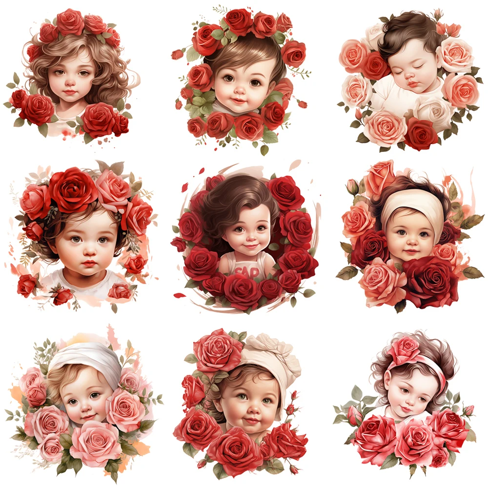 15cm Cute Rose Flower Baby Iron On Heat Transfer Sticker For Clothes Pinted Vinyl Thermal Washable T-Shirt Applique