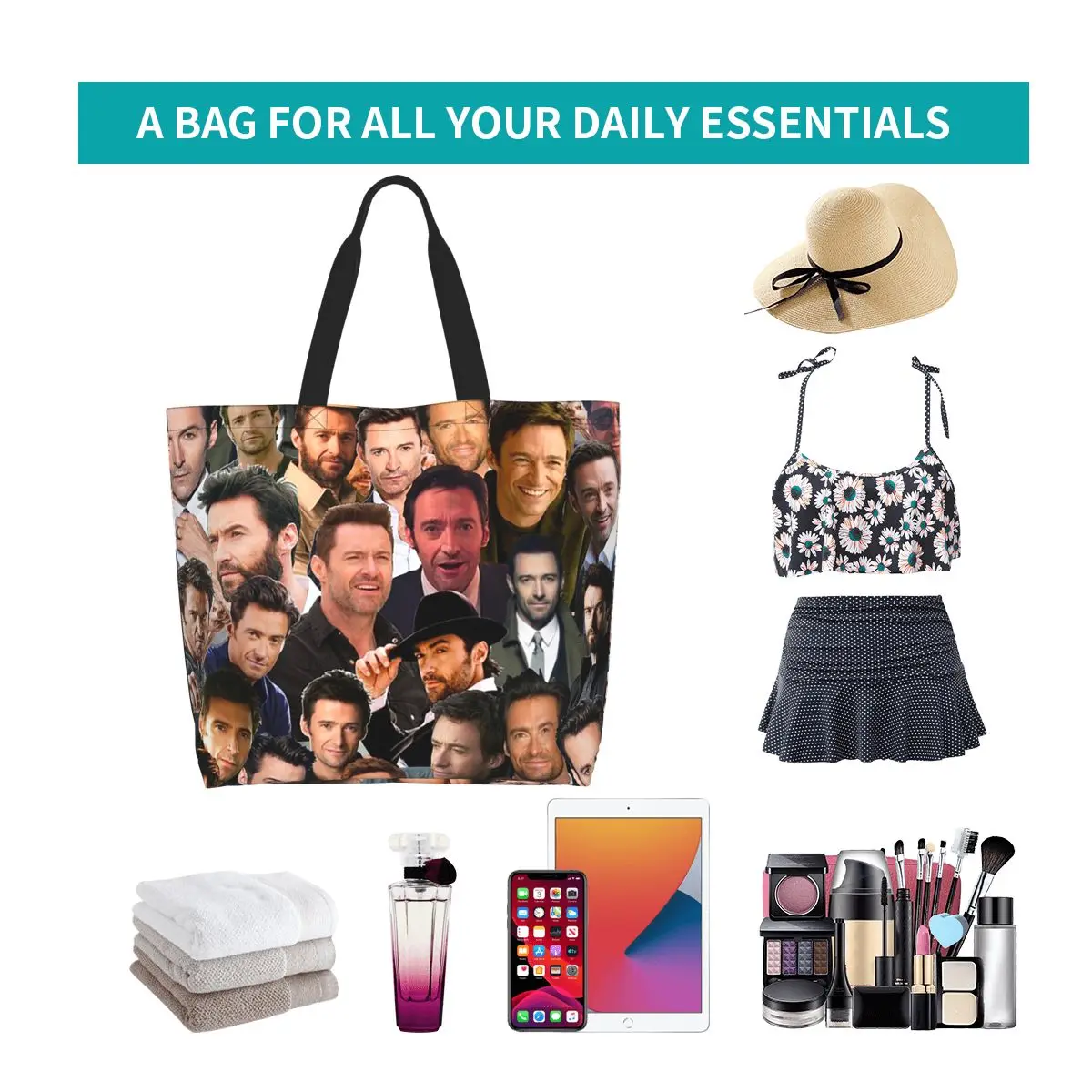 Hugh Jackman Photo Collage Shopping Tote Bag Canvas Large Capacity Shoulder Bags Shopper Grocery Handbag for Women