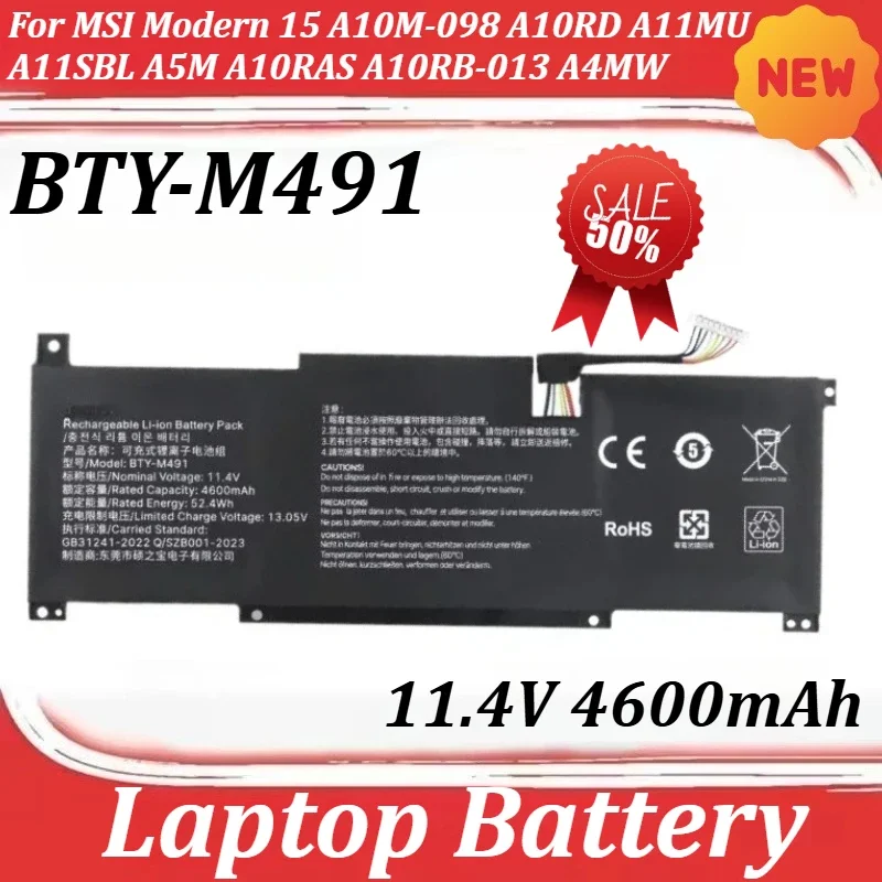 SWZY BTY-M491 11.4V 4600mAh Laptop Battery For MSI Modern 15 A10M-098 A10RD A11MU A11SBL A5M A10RAS A10RB-013 A4MW Prestige14 MS