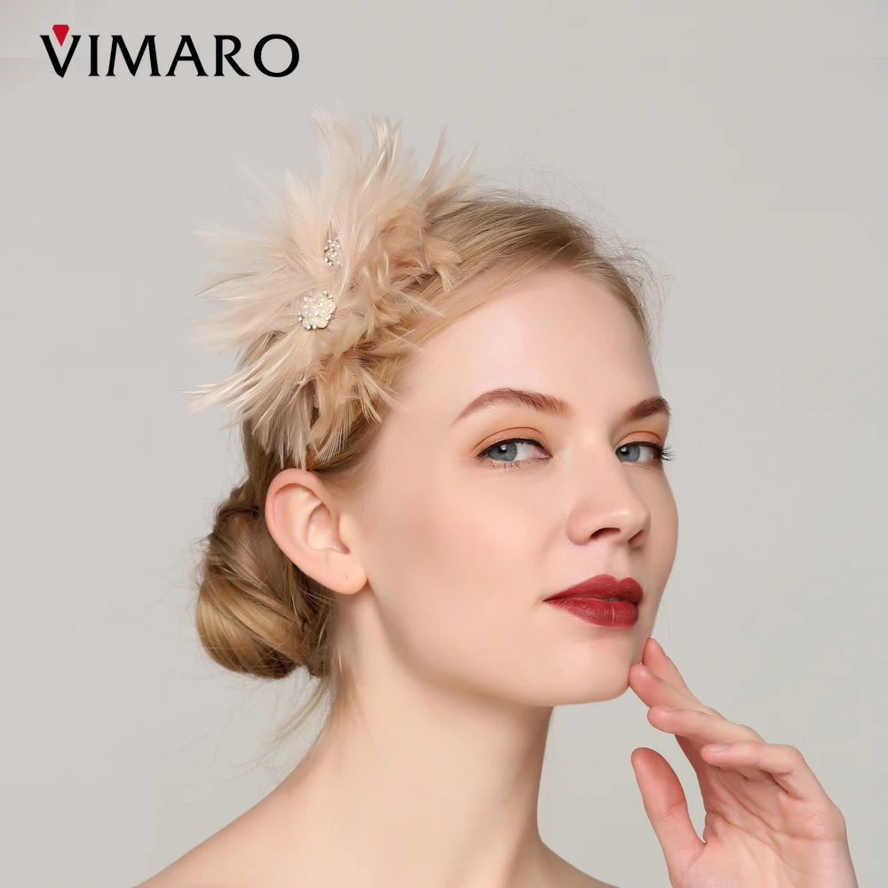 VIMARO Nude Pink Feather Fascinators for Women Elegant Fascinator Hats for Women Wedding and Church