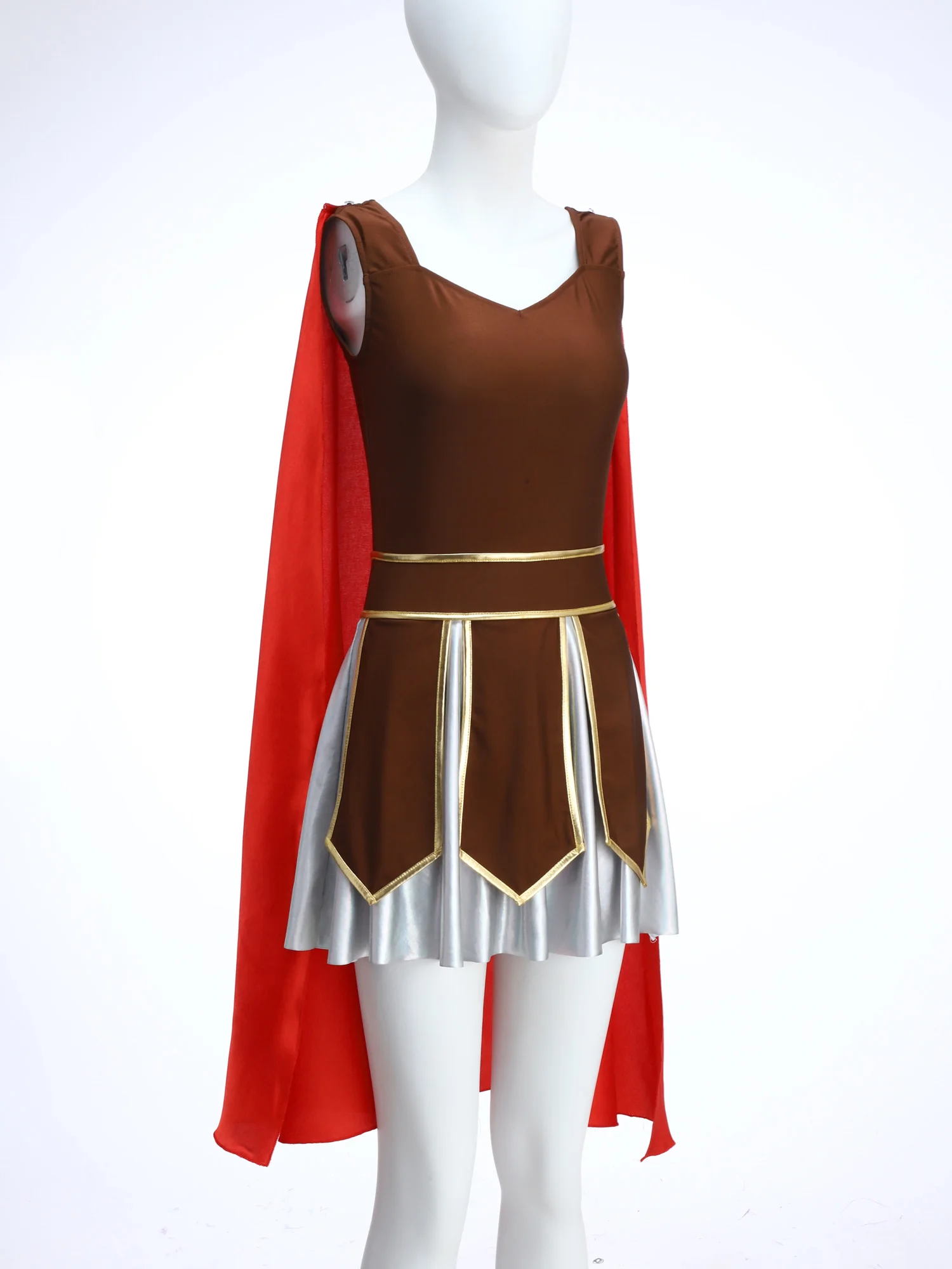 

Womens Roman Gladiator Halloween Cosplay Costume Sleeveless V Neck Dress with Satin Cape And Arm Cuffs for Themed Parties