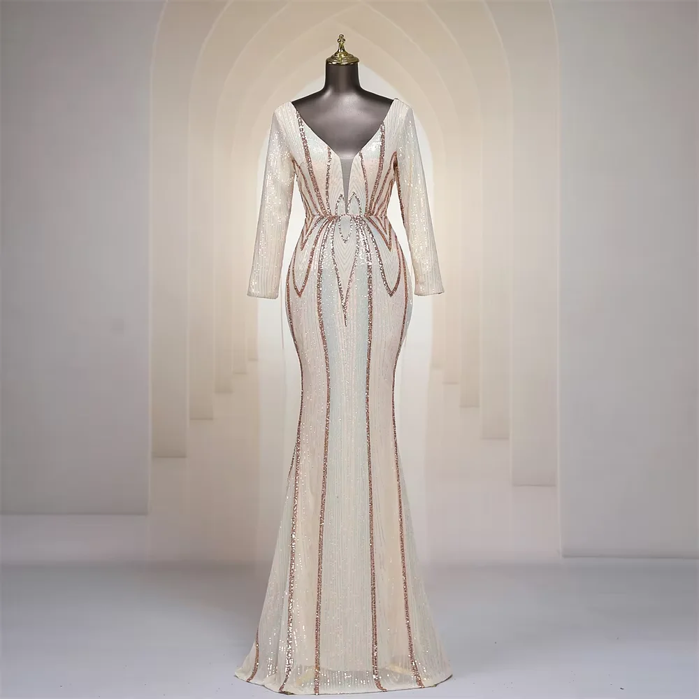 

Customized Sequins Mermaid Evening Dresses Long Sleeves V Neck Zipper Back Floor Length Plus Size Women Prom Dress Party Gown