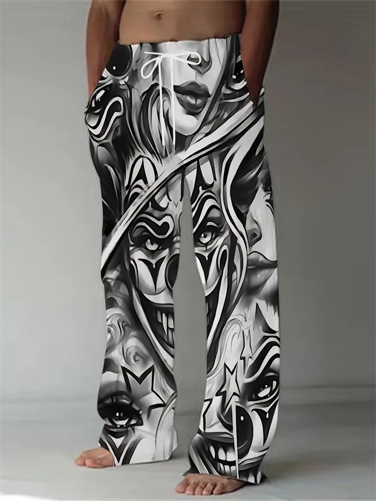 

Street graffiti black and white art facial print casual pants, the first choice of men's straight pants casual high waist rope p