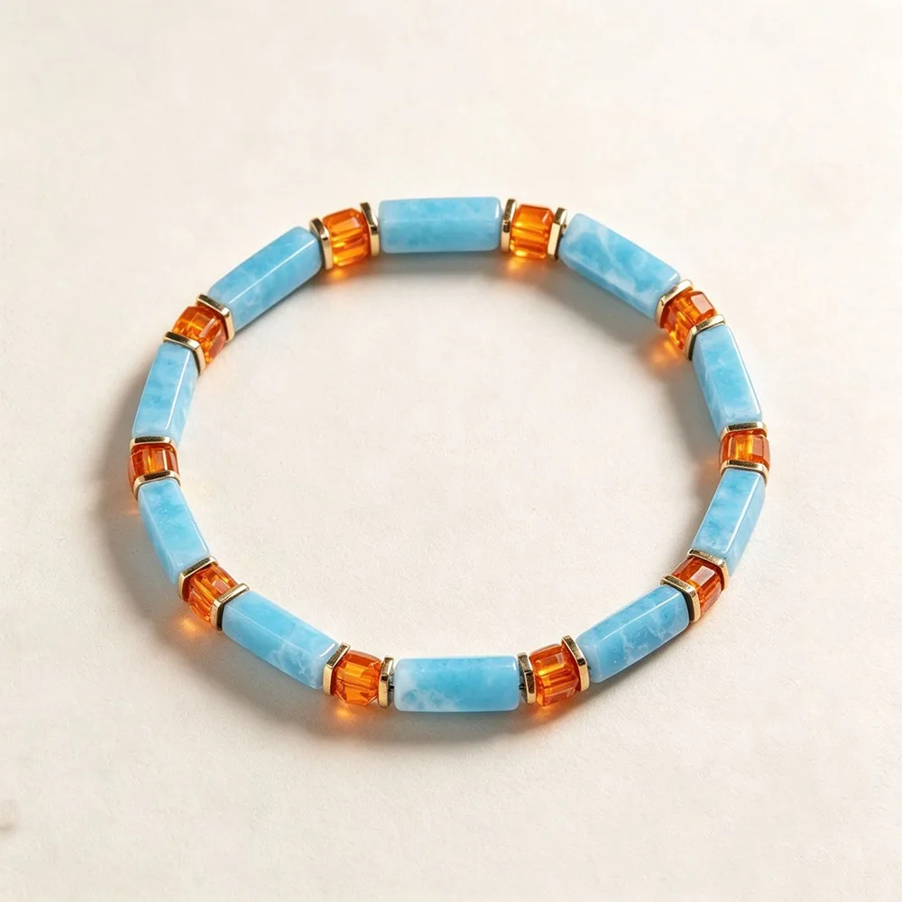 Natural Veined Simple Crystal Stone Bracelet Adjustable Rope Polished Block Shape Stretch Beaded Bracelet Stackable Square Cut
