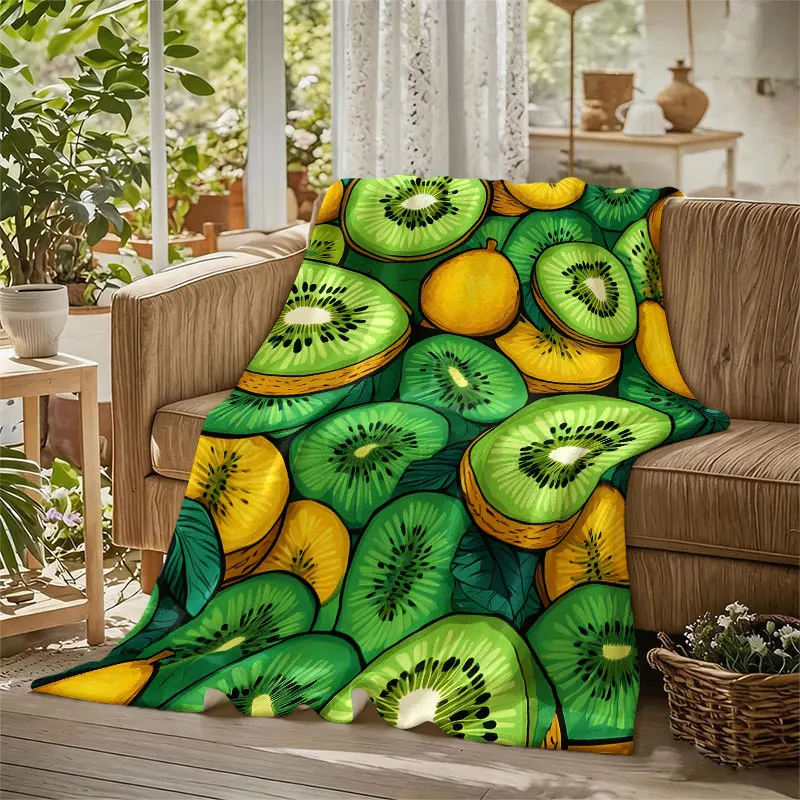 Kiwi Slices Green Leaves Flannel Blanket Perfect for Sofa Office Bed Travel Sleep Read Relax Camping Four Season Use