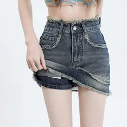 HOUZHOU Y2K Denim kısa etek kadınlar için yaz yüksek belli kalça sarılmış A-line etekler sokak seksi baharatlı kız kısa Skort