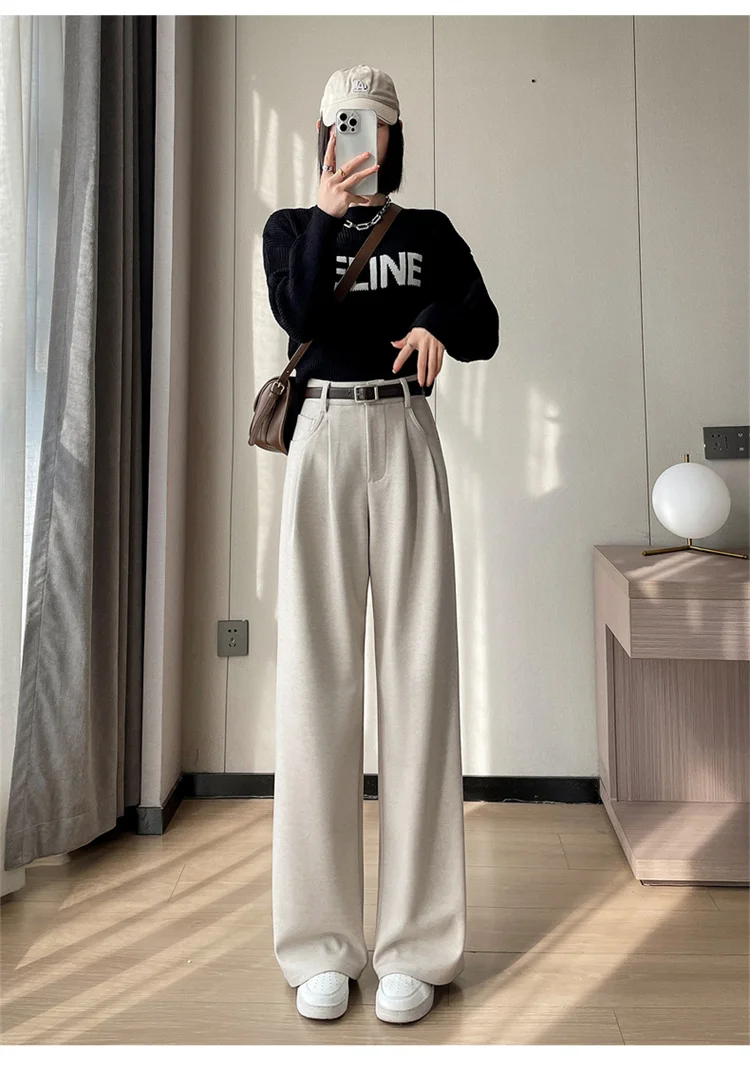 2023 Autumn and Winter New Wool Blended Wide-Leg Pants Straight Mopping Pants High Waist Slim Lengthened Casual Pants for Women