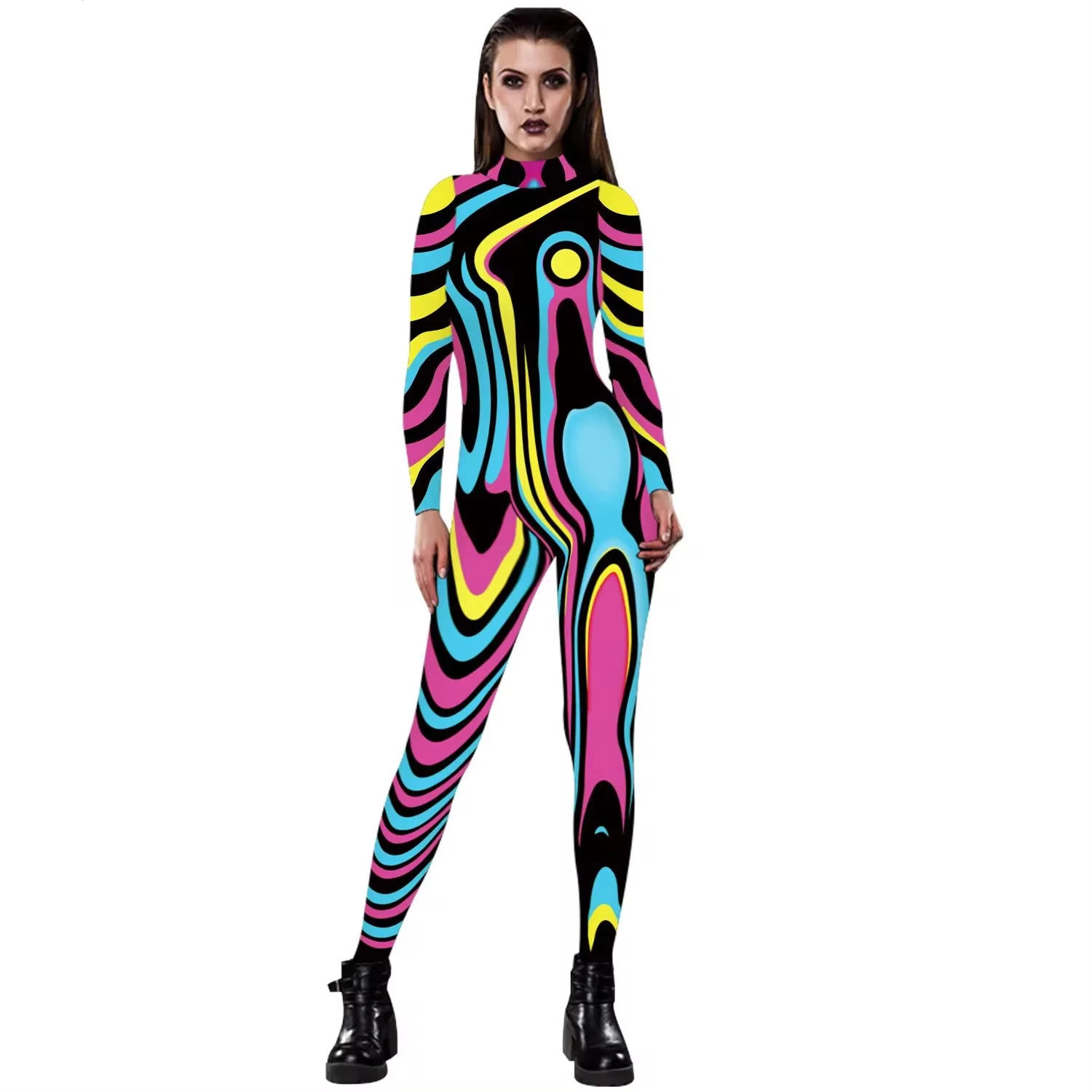 Halloween Carnival Party Women Sexy Suit Movie Role Play Line Color Pattern Print Tights Fancy Jumpsuit  Bodysuits Clothing Sets