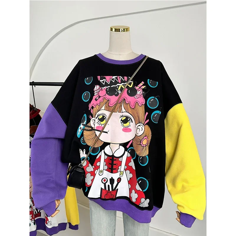 Oversized Korean Cartoon Pattern Printing Loose Sweatshirts Patchwork Autumn Women Clothing Casual O-neck Long Sleeve Pullovers