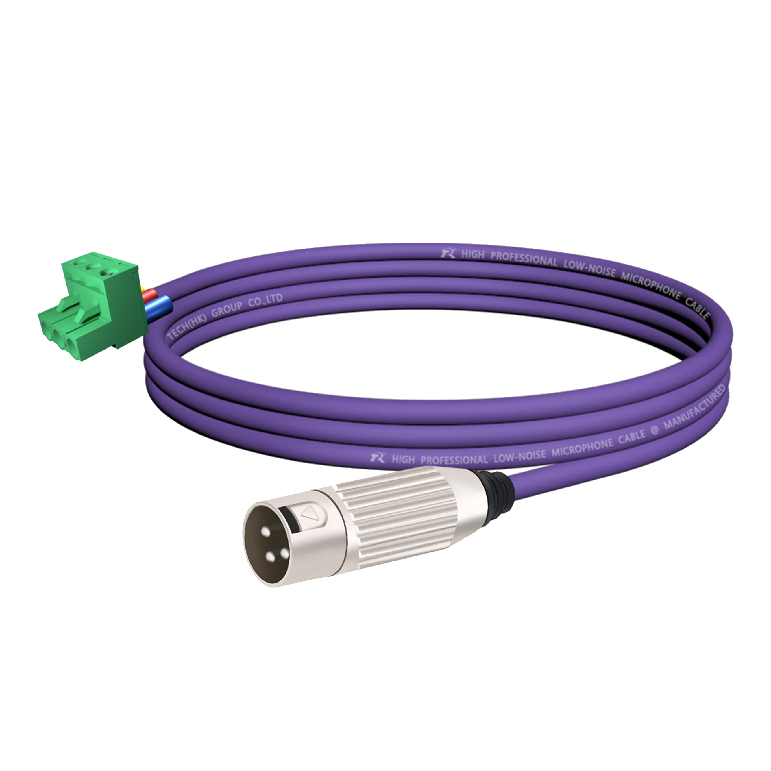 3-poliger Phoenix-Stecker, verbunden mit einem versilberten XLR 3-poligen Stecker, farbcodiertes Kabel, geeignet für professionelle Audiogeräte. – Detail 9