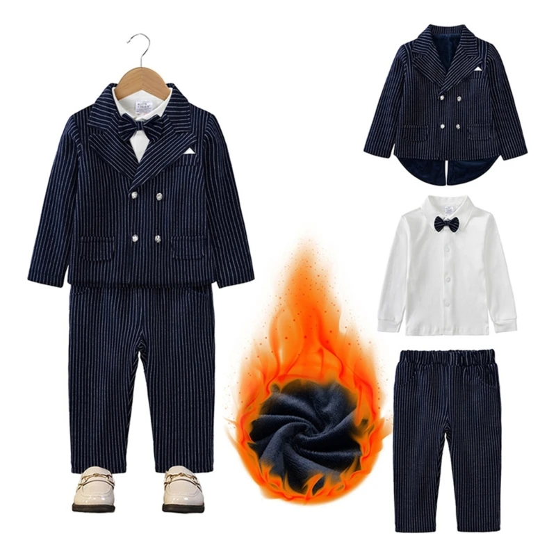 3Pcs/Set Children Boys Winter Gentleman Coat with Trousers & Bow Tie White Shirts Suit Preppy Clothes for 6 Month to 3 Years Old