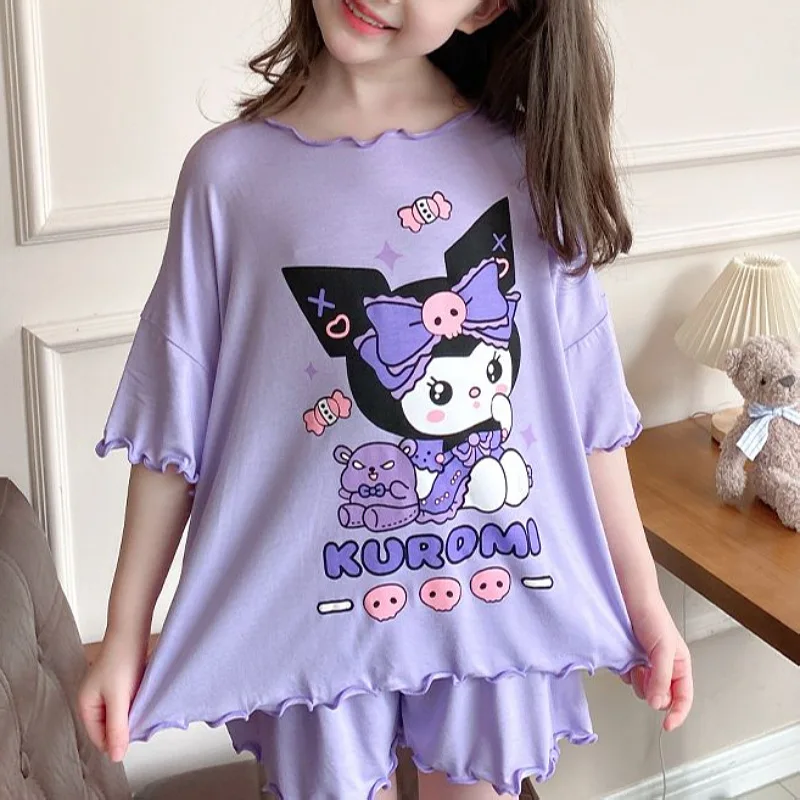 Estate Nuovi Set di T-shirt a maniche corte per ragazze Cute Kuromi Cartoon Stampa Abiti da notte 2 pezzi Disney Pantaloncini per bambini Abiti