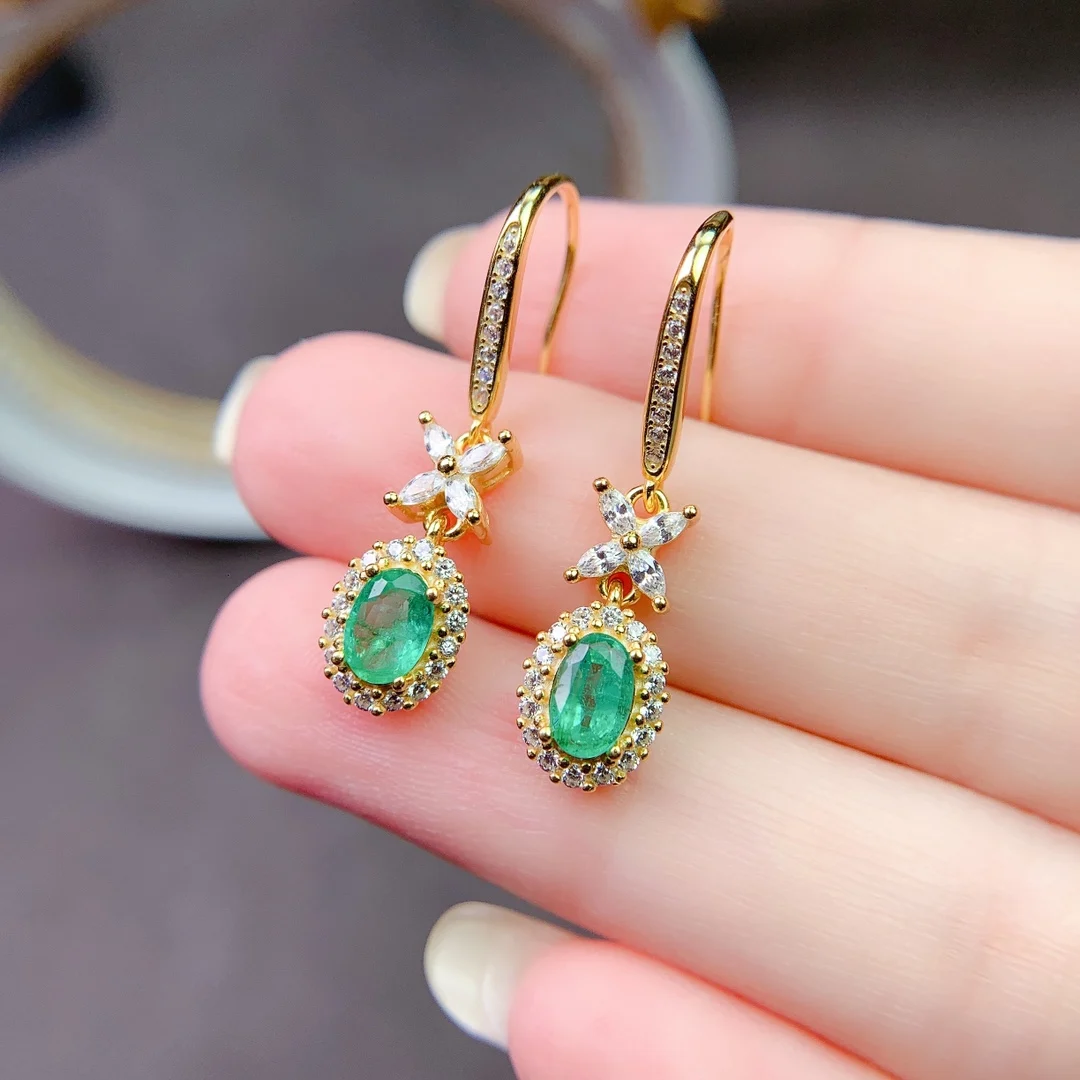 

Natural Emerald Oval Cut Zircon Long Drop Earrings with S925 Sterling Silver Earrings for Women Fashion Wedding Jewelry