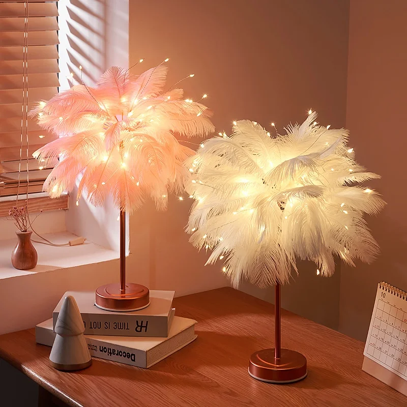 Creative Feather Table Lamp with Remote Control USB/AA Battery Power Desk Lamp Tree Feather Lampshade Night Light for Birthday