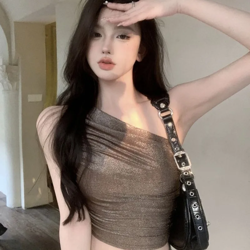 Women Cropped Sleeveless Summer Sexy Camisole One-shoulder Party Club Tops