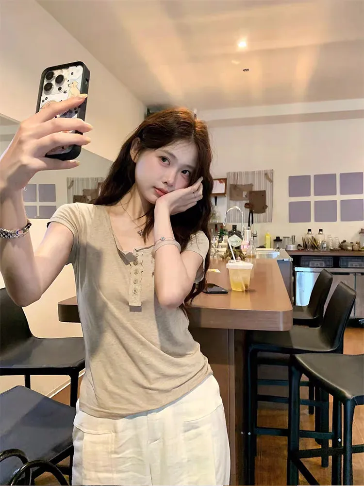 Button Short Sleeve T-Shirt Basic Summer Casual Micro Transparent Top Women Pullover Tshirt Outerwears Clothing Vintage Tees