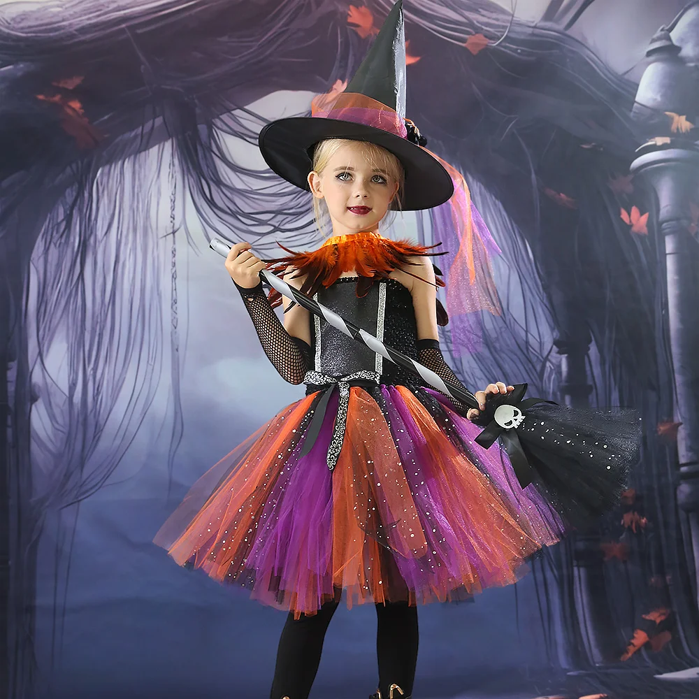 

Spooky Witch Costume Tutu Dress for Girls Halloween Costumes Glitter Rainbow Kids Cosplay Party Dresses Princess Tulle Dress