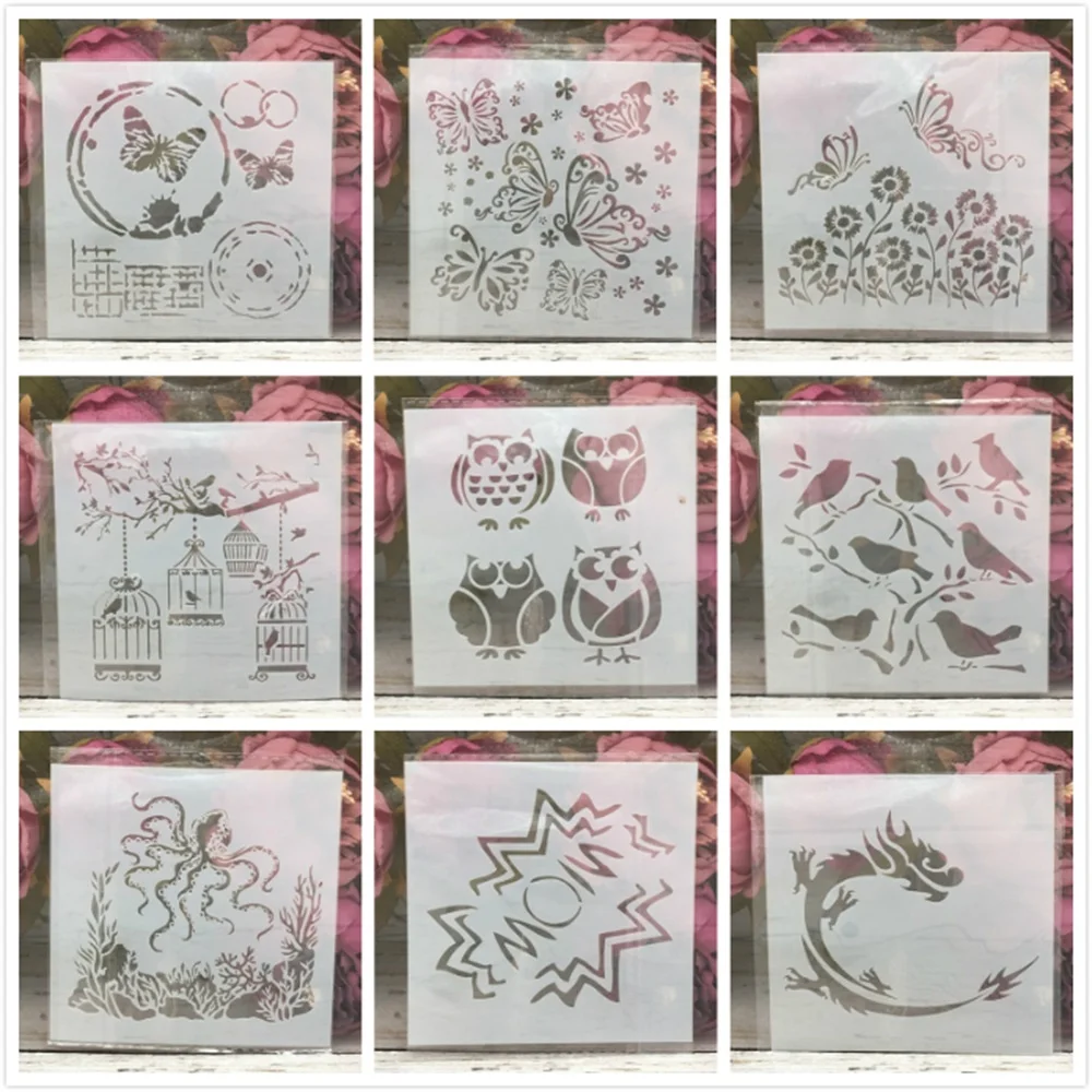 9Pcs/Set 13cm Owl Bird Dragon Octopus DIY Layering Stencils Painting Scrapbooking Stamp Embossing Album Decorative Template