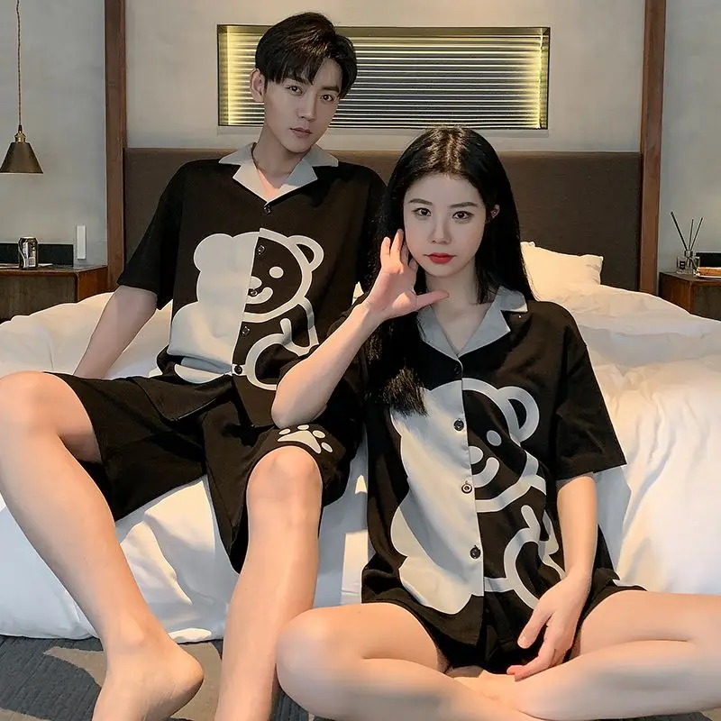 Couple pajamas summer ice silk short-sleeved thin section cute men and women shorts short-sleeved summer home wear suit