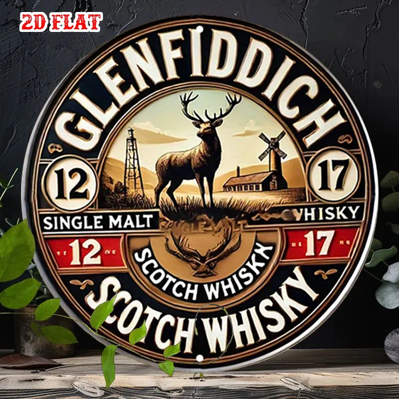 Diseño Retro de Licor con Ilustración de Ciervo y Destilería, Estilo Vintage de Whisky Escocés Glenfiddich, Acabado Dorado y Marrón Intenso y Plano en 2D