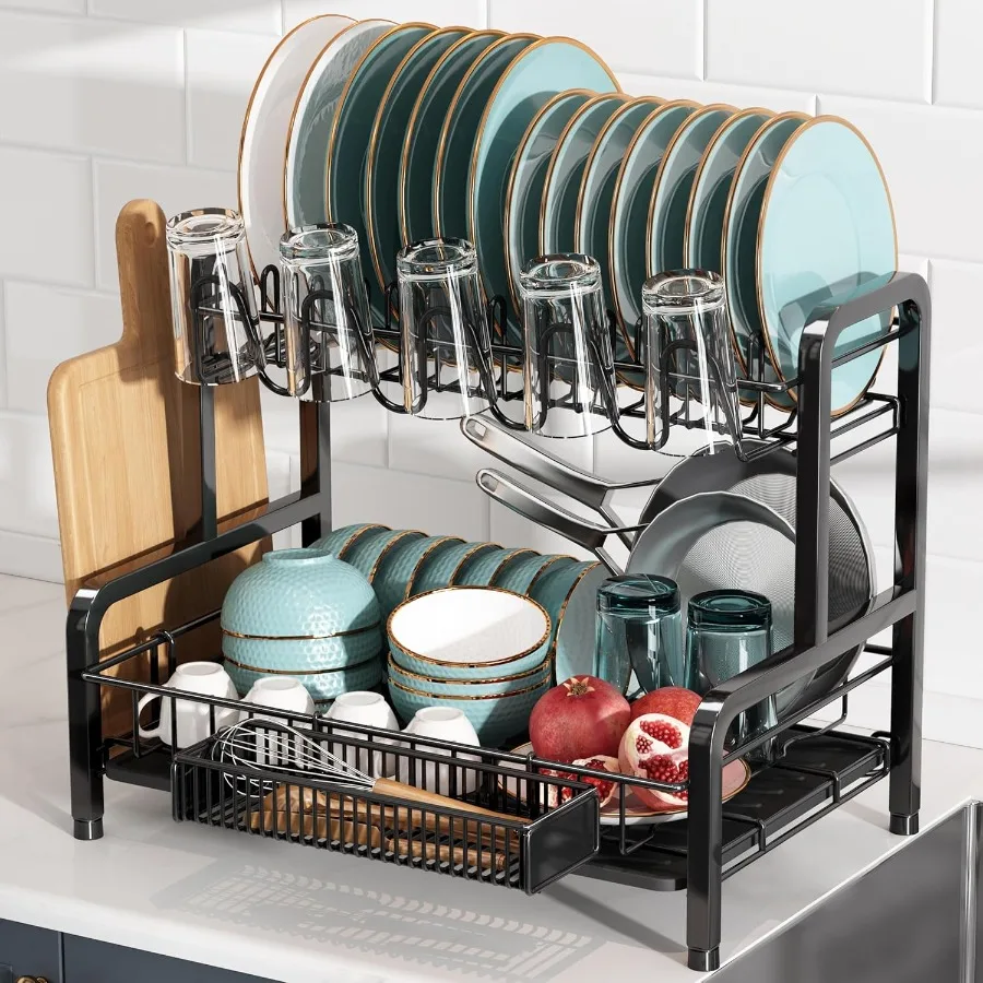 

2 Tier Black Large Stainless Steel Dish Drainers Drying Rack for Kitchen Counter with Drainboard Rust Proof Metal Space Saving