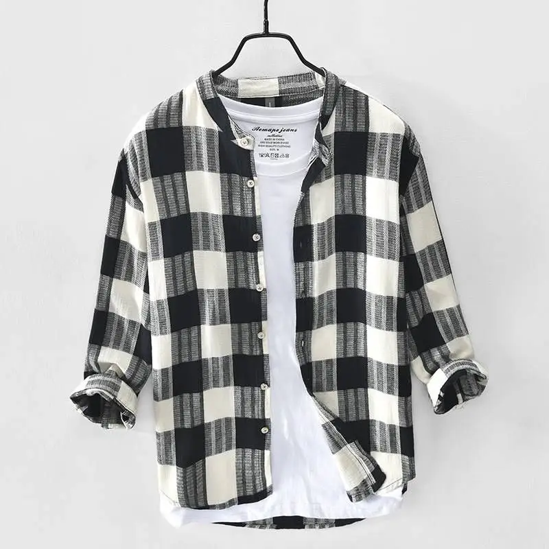 

New Men's Cotton Linen Plaid Casual Shirt Comfortable Loose Fit Seven Sleeve Cleanfit Style Autumn Wear for Middle-Aged And E...