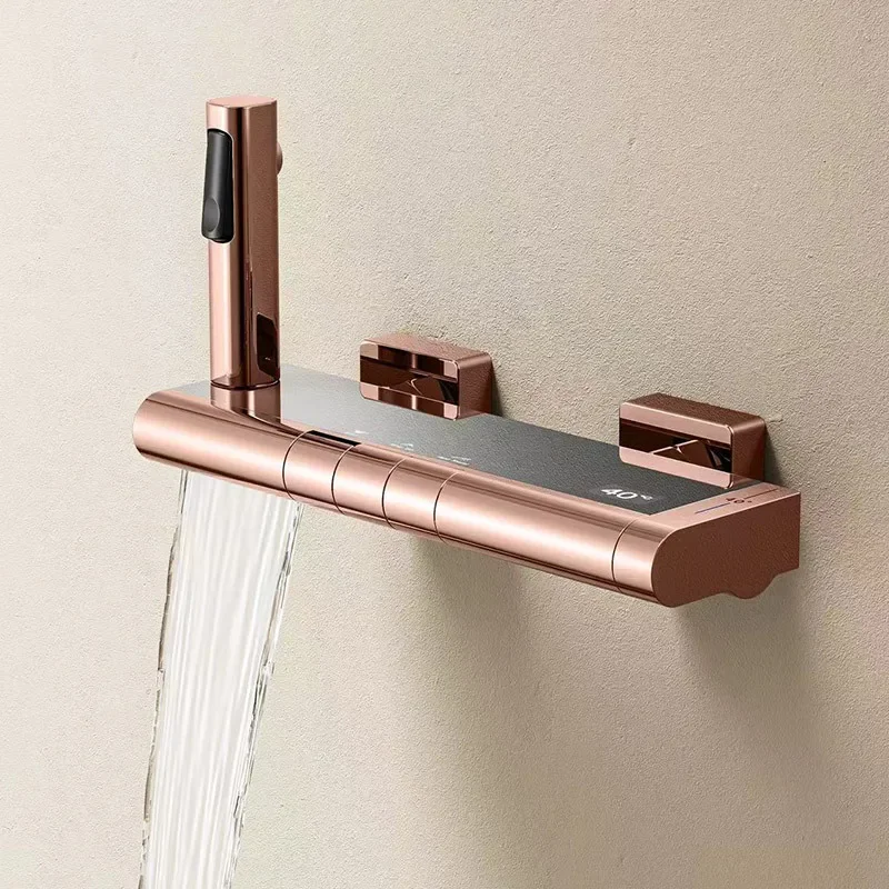 Bathroom Faucet Set Brass Wall Mounted Thermostatic Style Digital Show Waterfall Shower Brush Gold /Rose Gold Finished