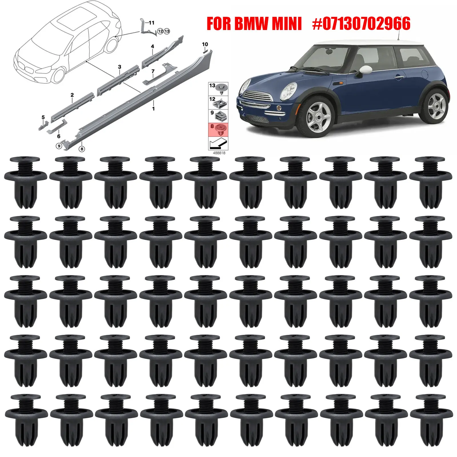 07130702966 cubierta de moldura de alféizar de falda lateral de parachoques sujetador embellecedor revestimiento de arco de rueda CLIP para BMW MINI R50 R52 R53 R56 COOPER ONE