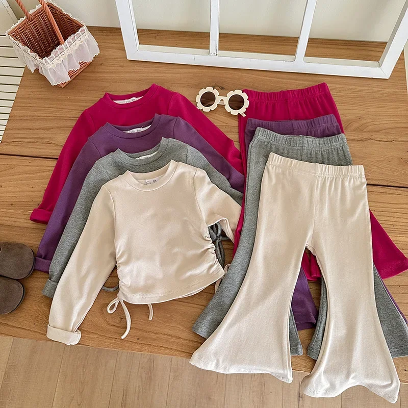 

2025 Autumn New Girls 2Piece Set Solid Color Long Sleeve Drawstring Top and Flare Pants Retro Casual Kids Outfit