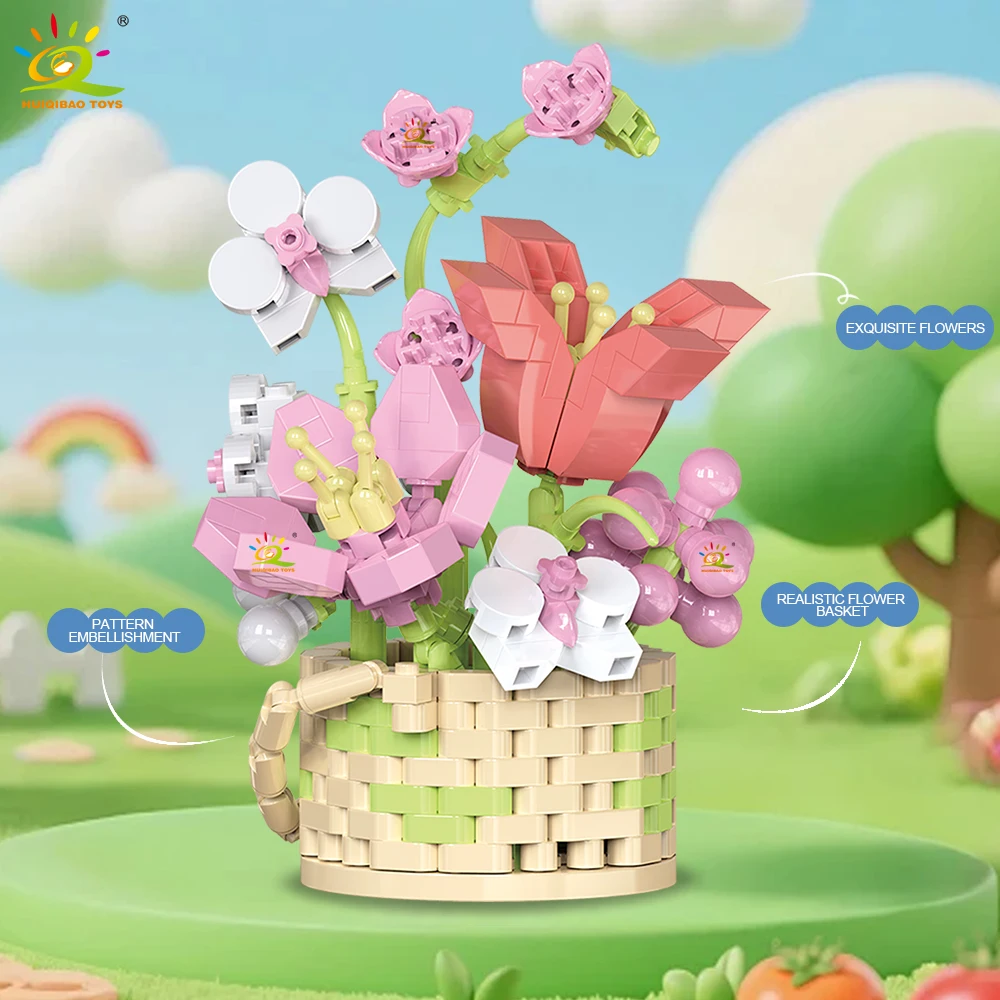 HUIQIBAO MOC Цветочный горшок Микро Строительный блок DIY Роза Подсолнух Букет Мини Алмазная модель Кирпичная игрушка для детского декора стола.