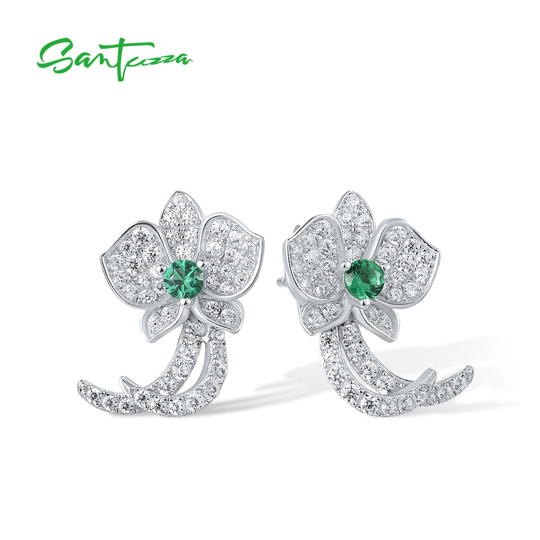 SANTUZZA Genuine 925 Sterling Silver Stud Earrings For Women Sparkling White CZ Green Spinel Orchid Flower Delicate Fine Jewelry