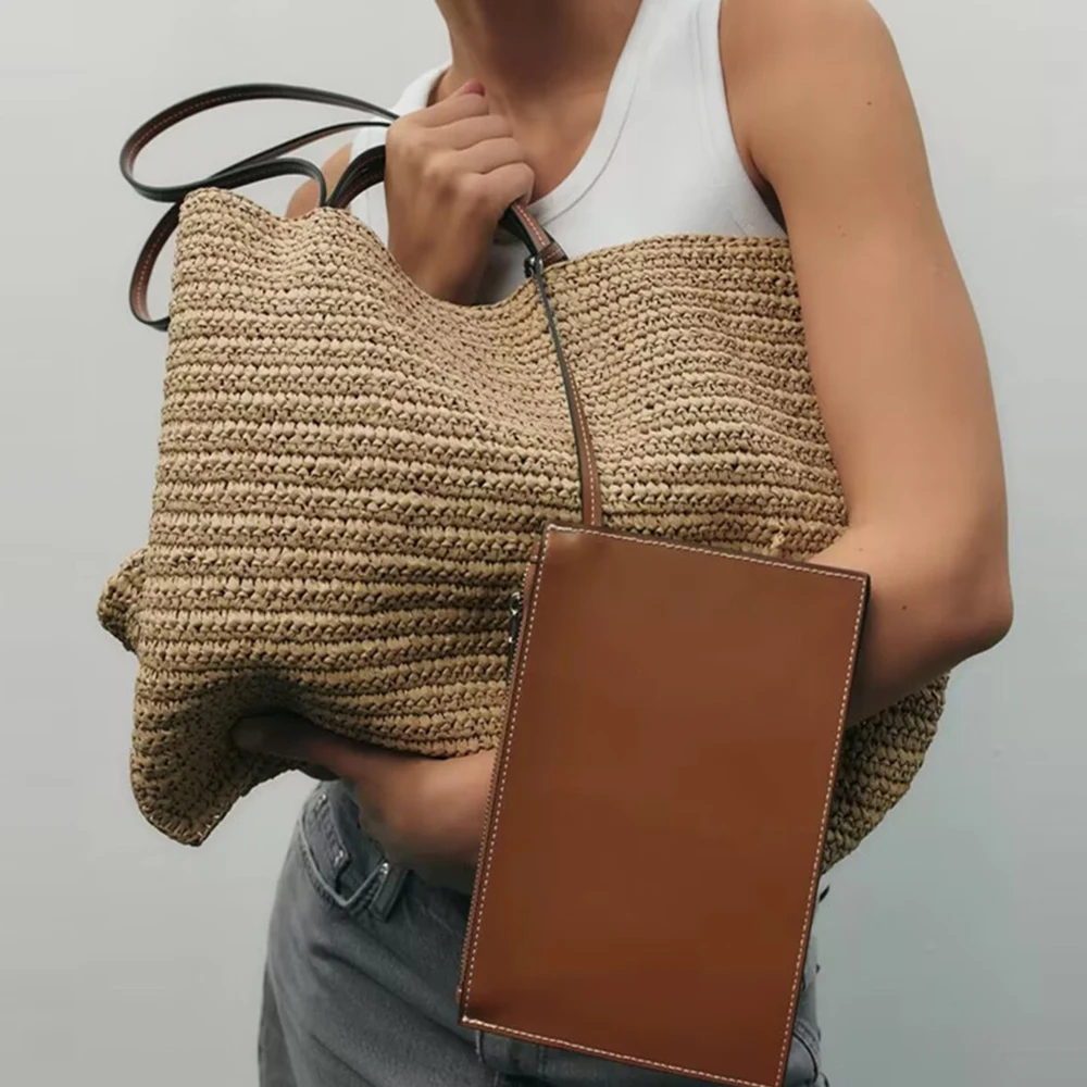 

Luxury Large Woven Beach Bags for Women Shoulder Bag Summer Crochet Straw Bag Bohemian Travel Handbag and Purse Shopper Tote NEW