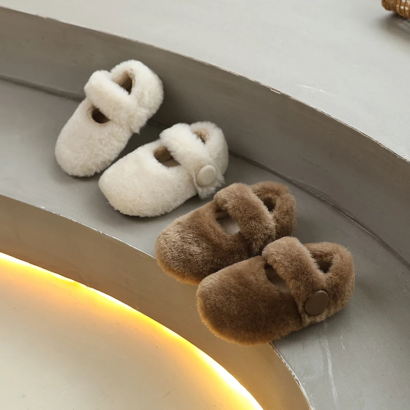 

Winter Girls Plush Shoes Soft Furry Hairy Children Fashion Cotton Shoes Warmth Outdoor Simple Kids Causal Princess Flat Shoes