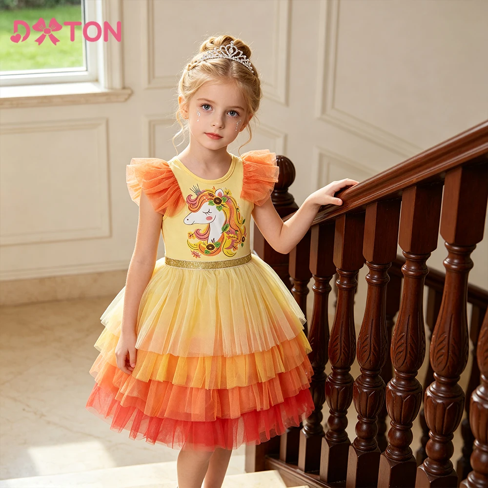 DXTON Children Girls Birthday Gift Layered Cake Summer Vacation Clothing Princess Girls Dress Elegant Wedding Party Kids Costume
