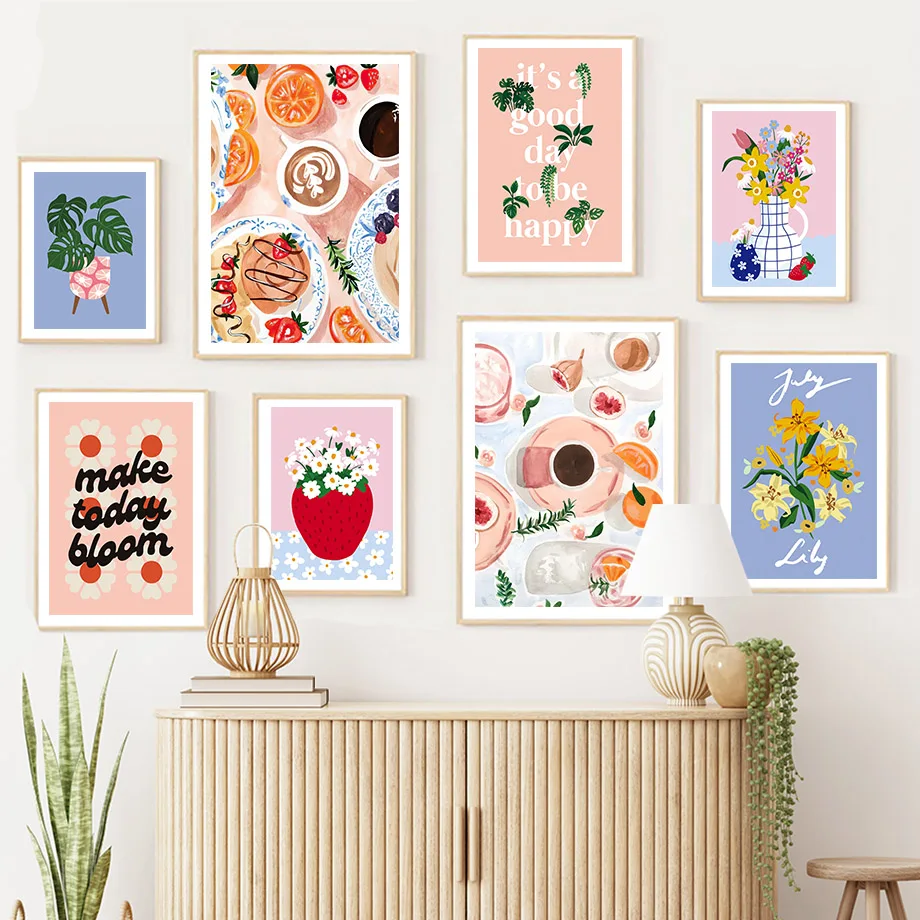 1PC frameless decorative art print,Coffee Cake Book Lemon Fruit Vase Flower Abstract Poster Wall Art Canvas Print Painting afe B