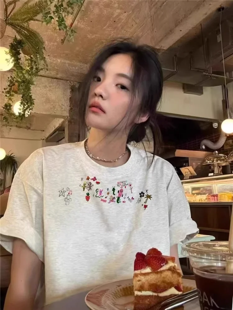 Faionable Fre Floral Print redondo Ne ort Sve Camiseta feminina solta casual versátil Age-defng verão top